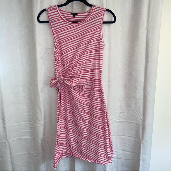 Talbots Dress Medium Pink Stripe Sleeveless Stretch Midi Bow Tie Front Waist - Picture 2 of 8